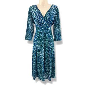Maggy London Blue Green Print Empire Waist A-Line Midi Dress Size 14 Office